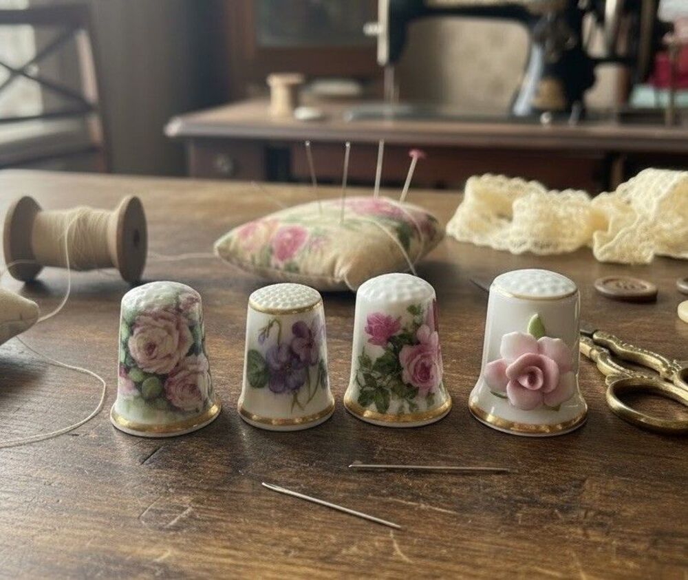 Vintage Porcelain Thimble Lot Floral Rose Royal Stratford Bone China Set 4 3-D